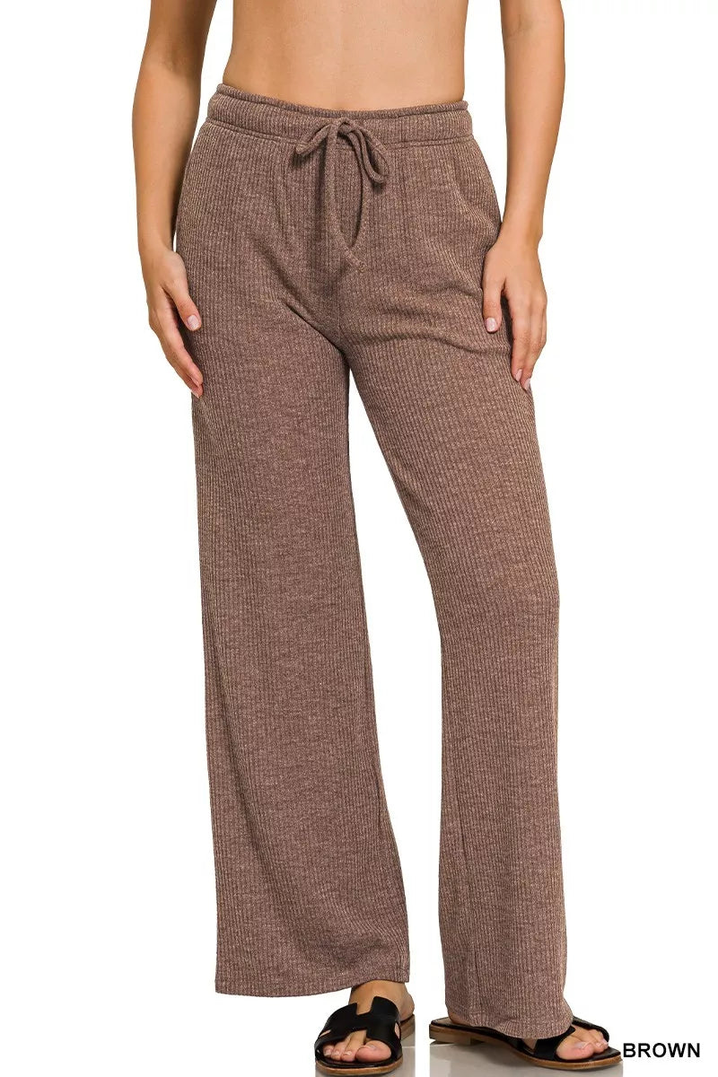 BROWN Ribbed Drawstring Lounge Pants Brown | Lounge Pants Daverri Fashions