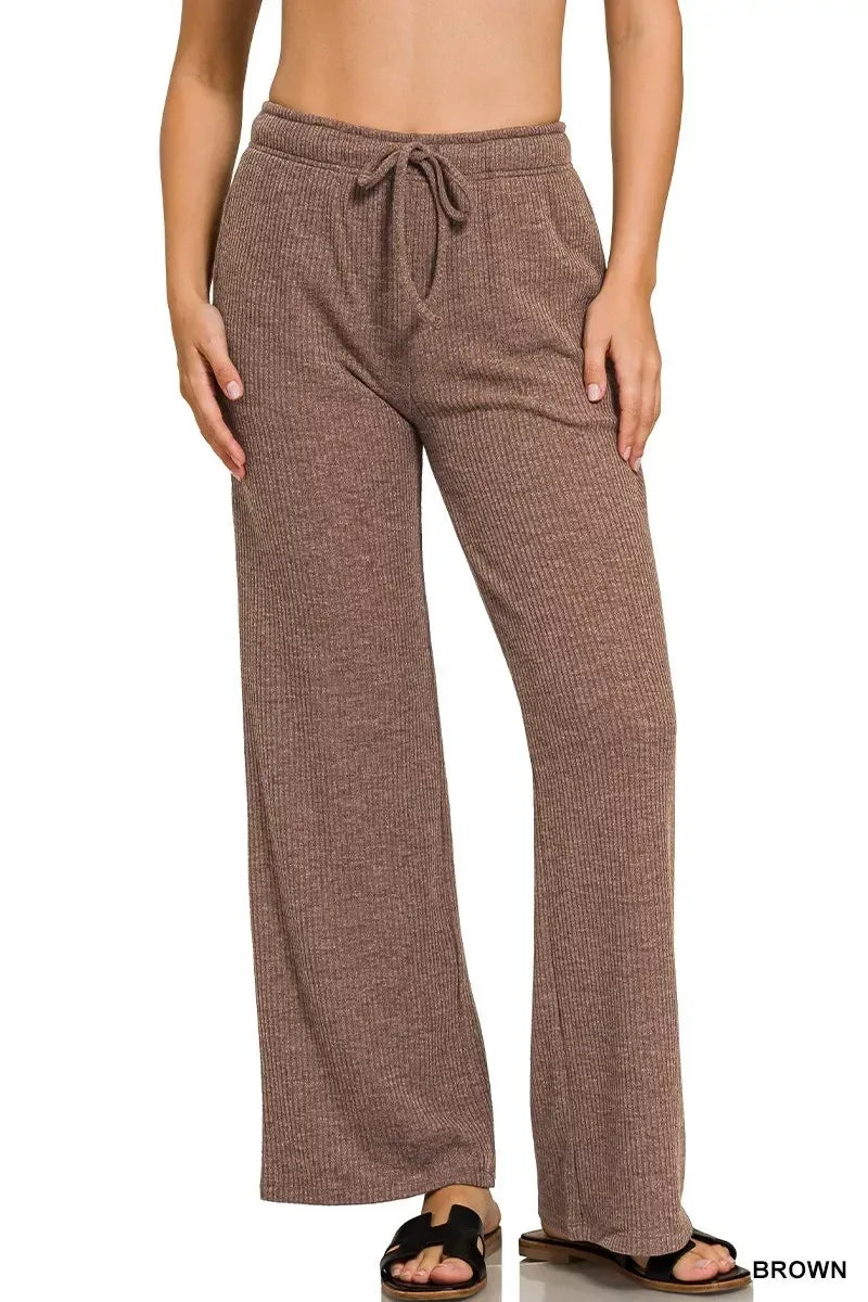 Ribbed Drawstring Lounge Pants Brown - DAVERRI FASHIONS