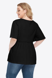 Black plus size buttoned V-neck peplum blouse with short sleeves