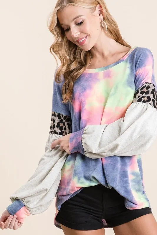 BiBi Tie Dye Terry Top with Contrast Puff Sleeves Tops