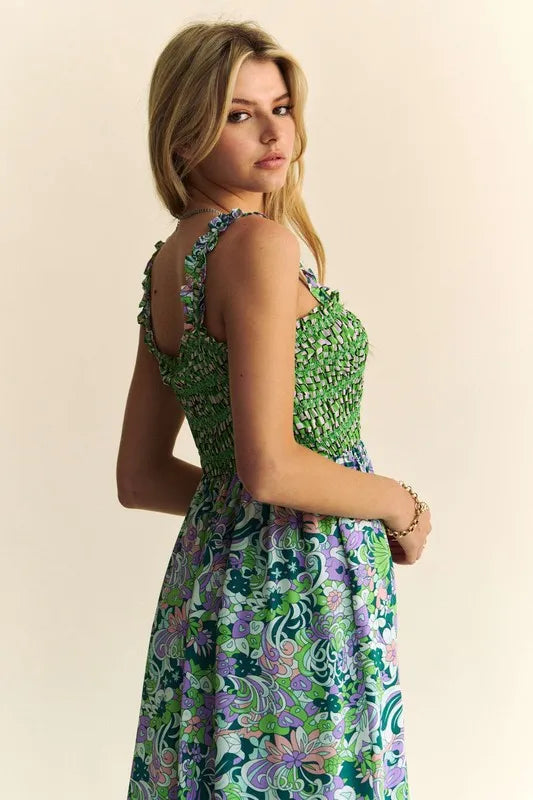Davi & Dani Multi Smocked Bodice Geo Ruffle Strappy Midi Dress Midi Dresses