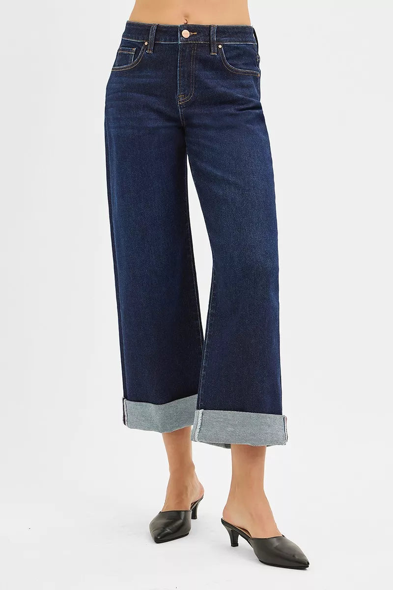 RISEN Mid Rise Fit Ankle Wide Roll Up Jeans | Jeans Daverri Fashions