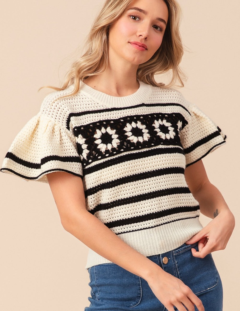 BiBi Granny Square Short Sleeve Striped Sweater Ivory Black XL