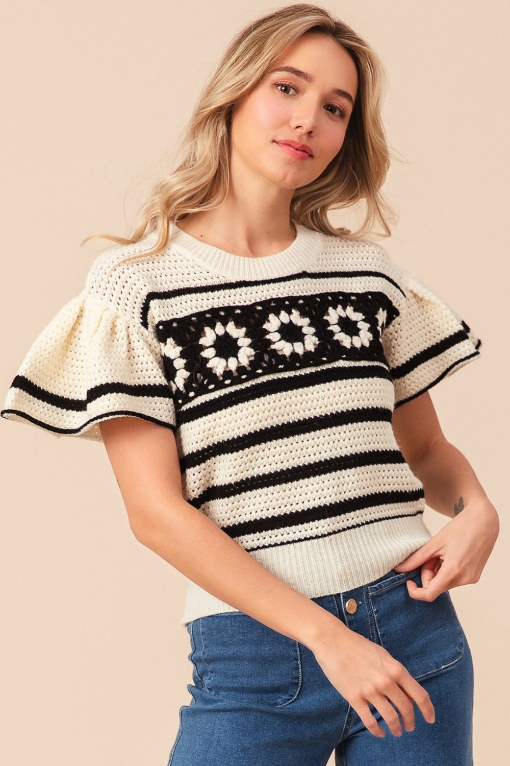 BiBi Granny Square Short Sleeve Striped Sweater Ivory Black XL