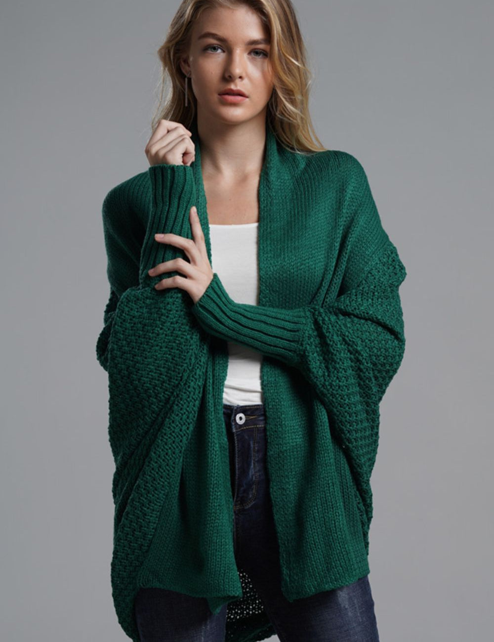 Green One Size Dolman Sleeve Open Front Ribbed Trim Longline Cardigan | Cardigans Daverri Fashions