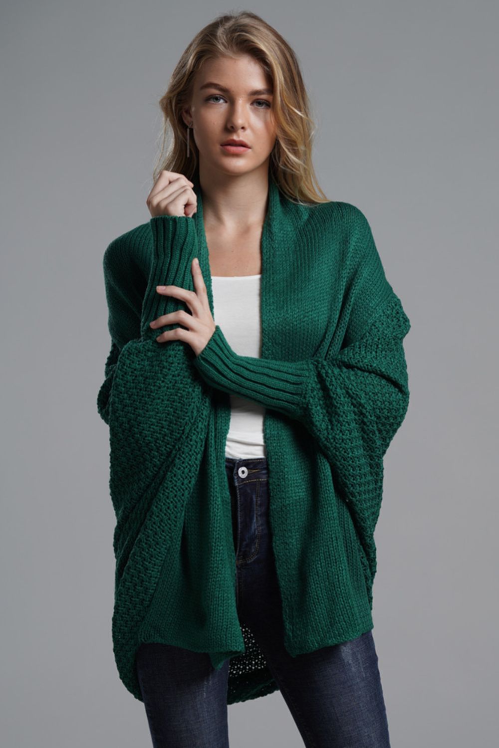Green One Size Dolman Sleeve Open Front Ribbed Trim Longline Cardigan | Cardigans Daverri Fashions