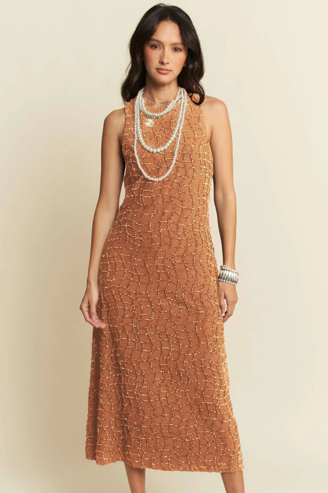 Davi & Dani Golden Textured Zippered Midi Dress Midi Dresses
