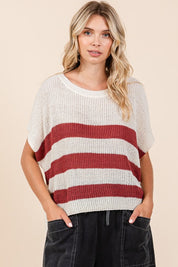 Mittoshop Contrast Striped Round Neck Short Sleeve Sweater Sienna