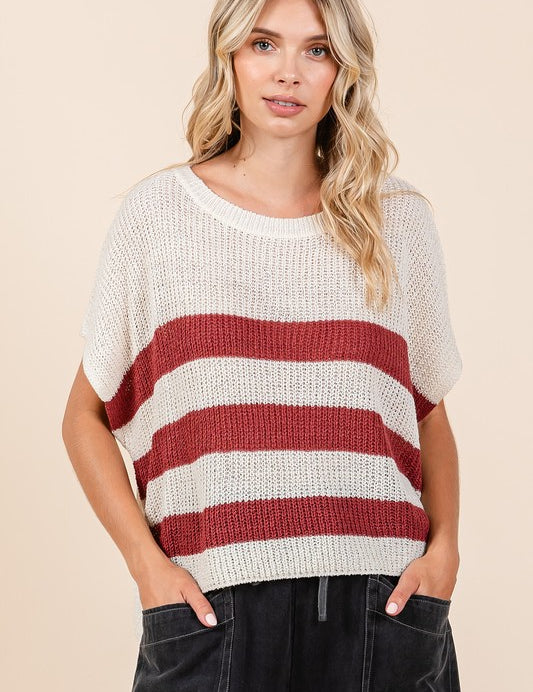 Mittoshop Contrast Striped Round Neck Short Sleeve Sweater Sienna