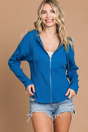 Culture Code Full Size Ribbed Zip Up Drawstring Hooded Jacket Blue Teal