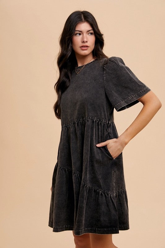 Annie Wear Mineral Washed Round Neck Short Sleeve Denim Dress Tops