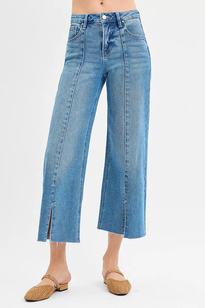 MEDIUM RISEN Tummy Control Mid Rise Crop Wide Front Slit Jeans | Jeans Daverri Fashions