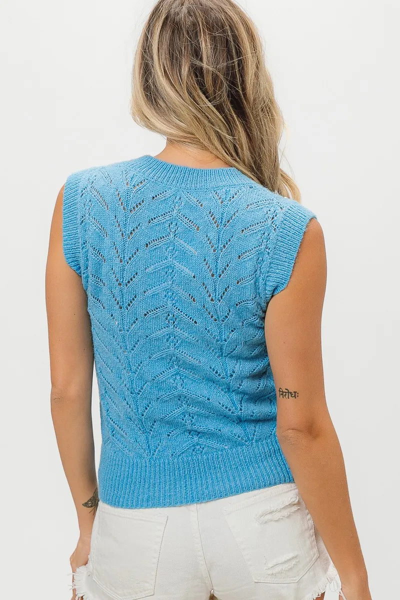 BiBi Blue Chevron Pointelle Pearl Knit Top Tops