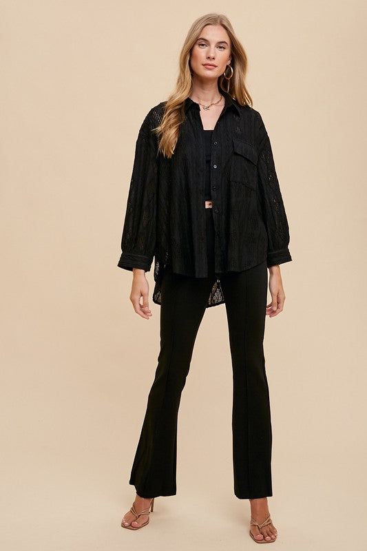 Annie Wear Openwork Button Down Drop Shoulder Shirt Tops