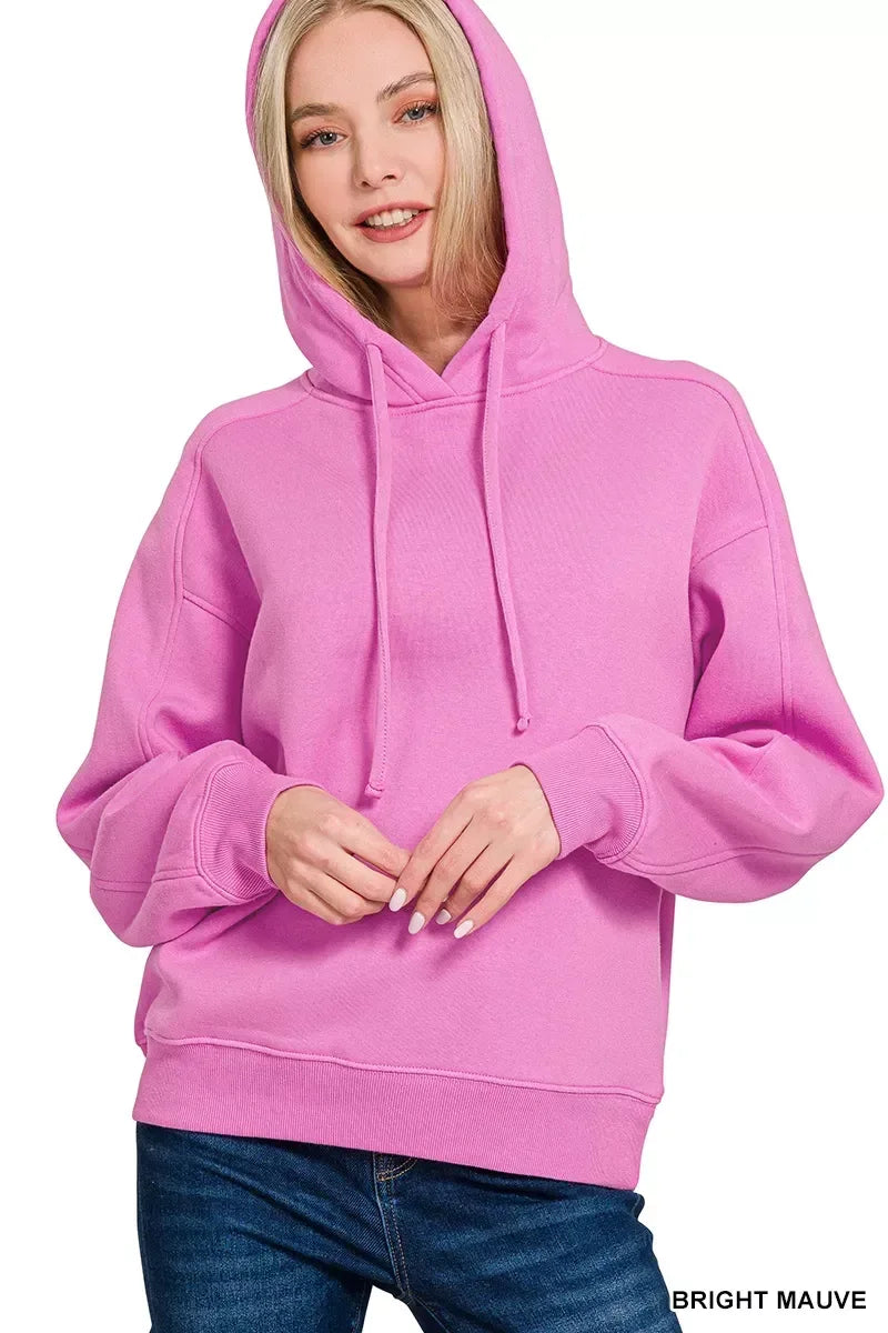 Zenana Drawstring Relaxed Fit Fleece Hoodie Bright Mauve - DAVERRI FASHIONS