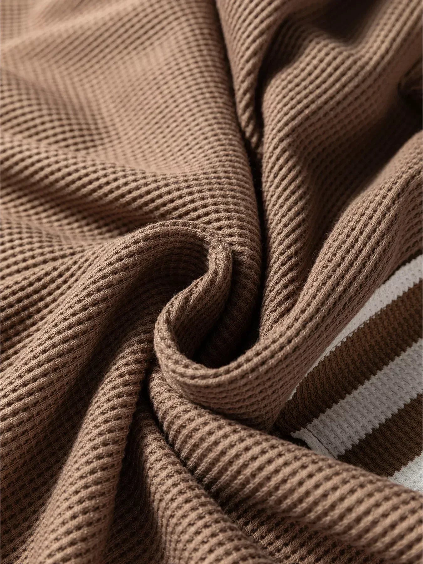 Waffle Texture Striped Patchwork Button Neck Drawstring Hoodie - DAVERRI FASHIONS