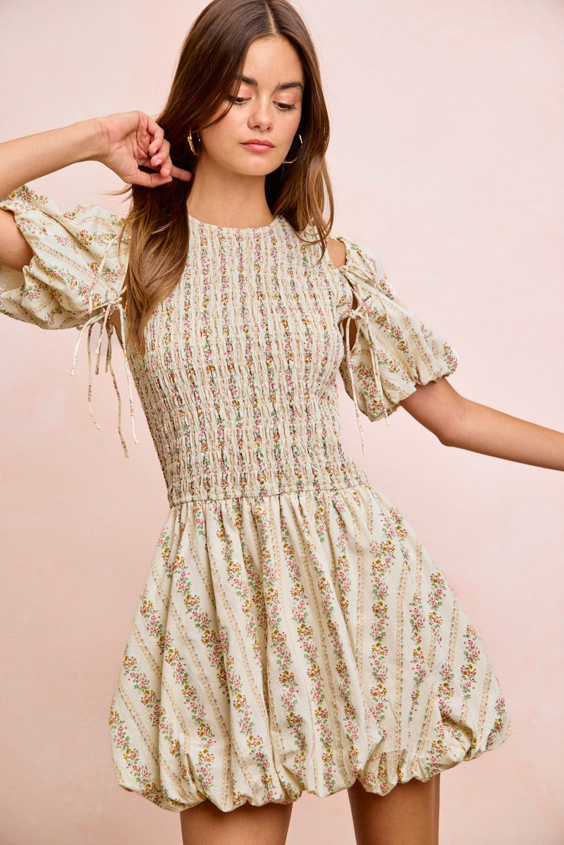 BiBi Floral Bow Tie Attachable Puff Sleeves cream mini dress