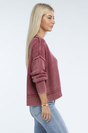 Washed Side Slit Oversized Cropped Cotton Sweater Tops