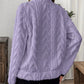 Lavender fuzzy cable-knit sweater with high collar, plus size fleece half zip