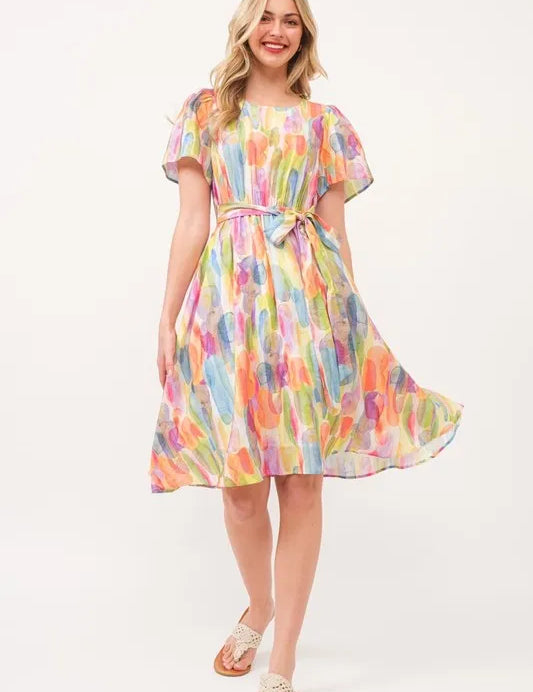 ORANGE COMBO Lime 'N' Chili Watercolor Print Tie Front Midi Dress | Daverri Fashions