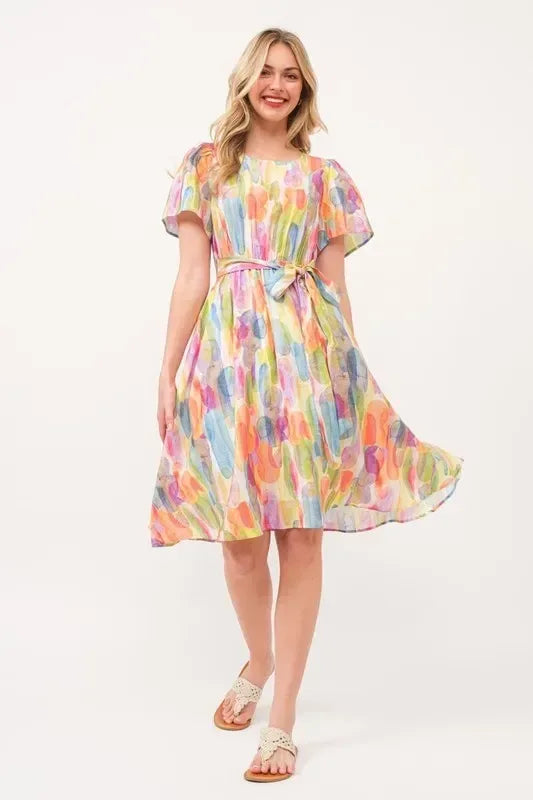 Lime 'N' Chili Watercolor Print Tie Front Midi Dress - DAVERRI FASHIONS