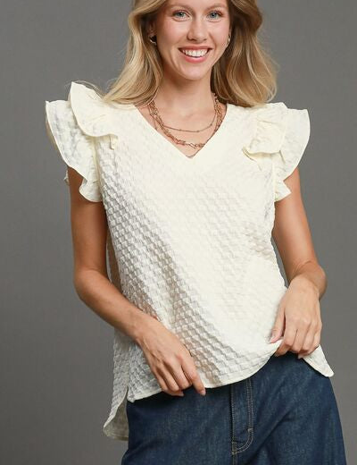 Umgee Full Size Textured Jacquard V-Neck Ruffle Cap Sleeve Blouse Plus Size Cream