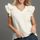 Umgee Full Size Textured Jacquard V-Neck Ruffle Cap Sleeve Blouse Plus Size Cream Blouses