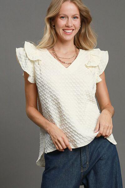 Umgee Full Size Textured Jacquard V-Neck Ruffle Cap Sleeve Blouse Plus Size Cream Blouses
