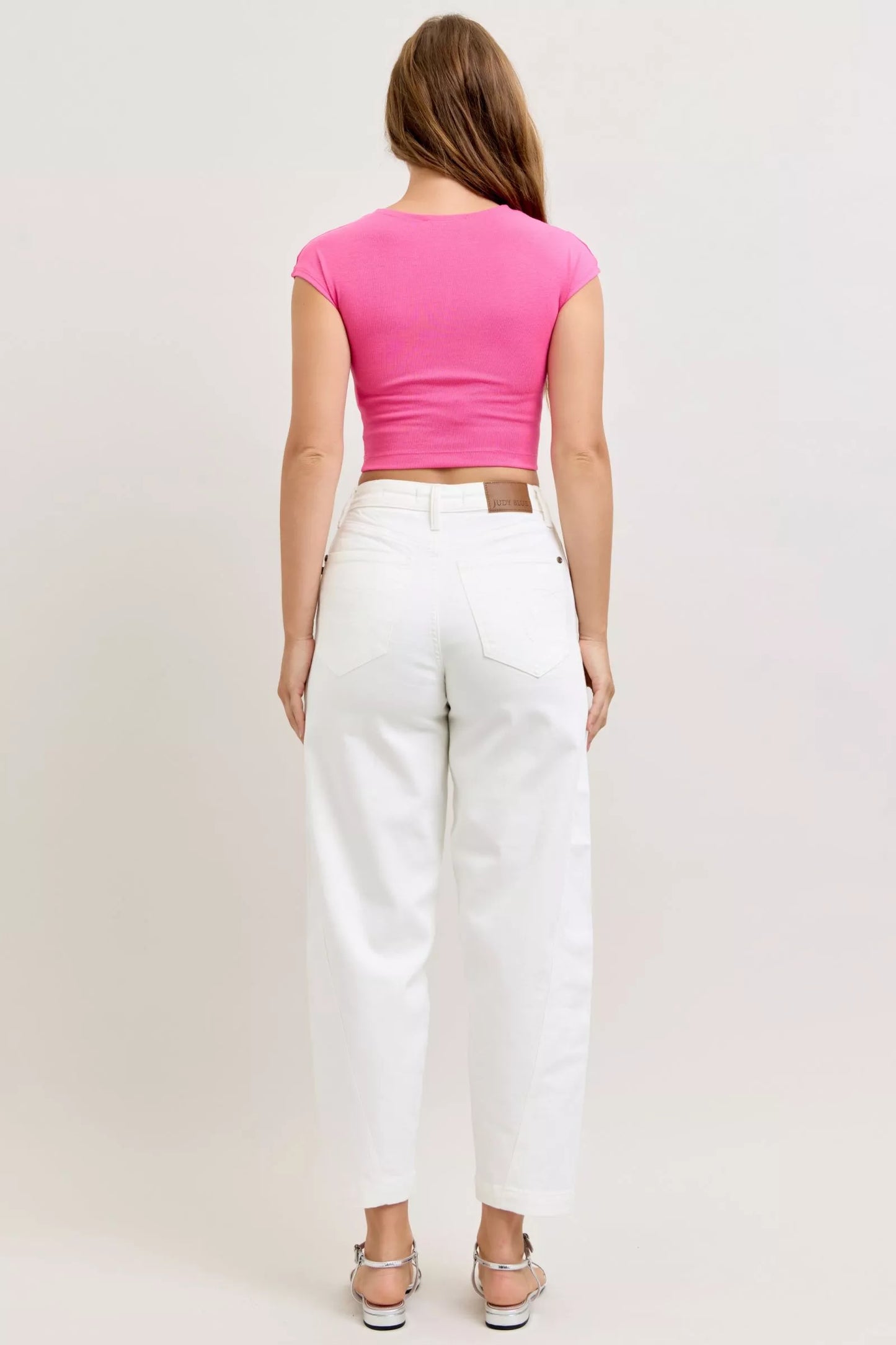 Judy Blue high-waisted rigid magic panel barrel jeans in white straight-leg cut