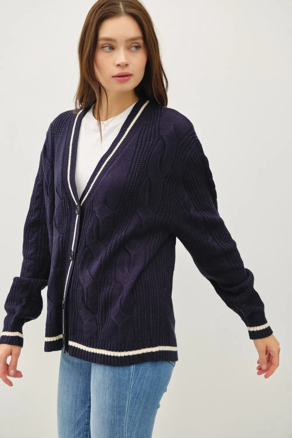 Be Cool Contrast Trim Cable-Knit V-Neck Cardigan Cardigans