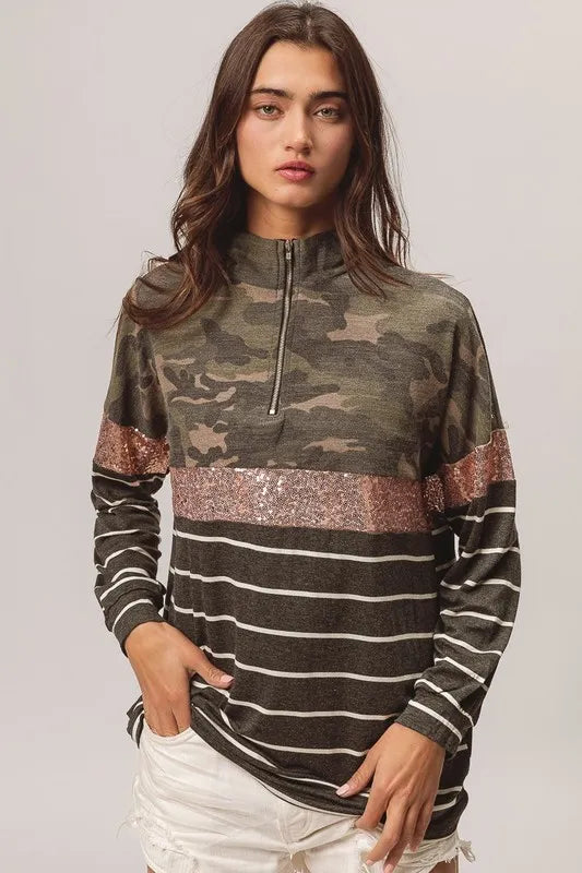 BiBi Camouflage French Terry Knit Top