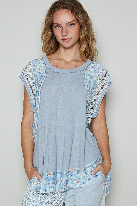 POL Floral Frayed Hem Crochet Cap Sleeve Top Light Blue Tops