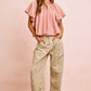 BiBi Stripes Textured Shirred Neckline Bubble Hem Top in soft pink