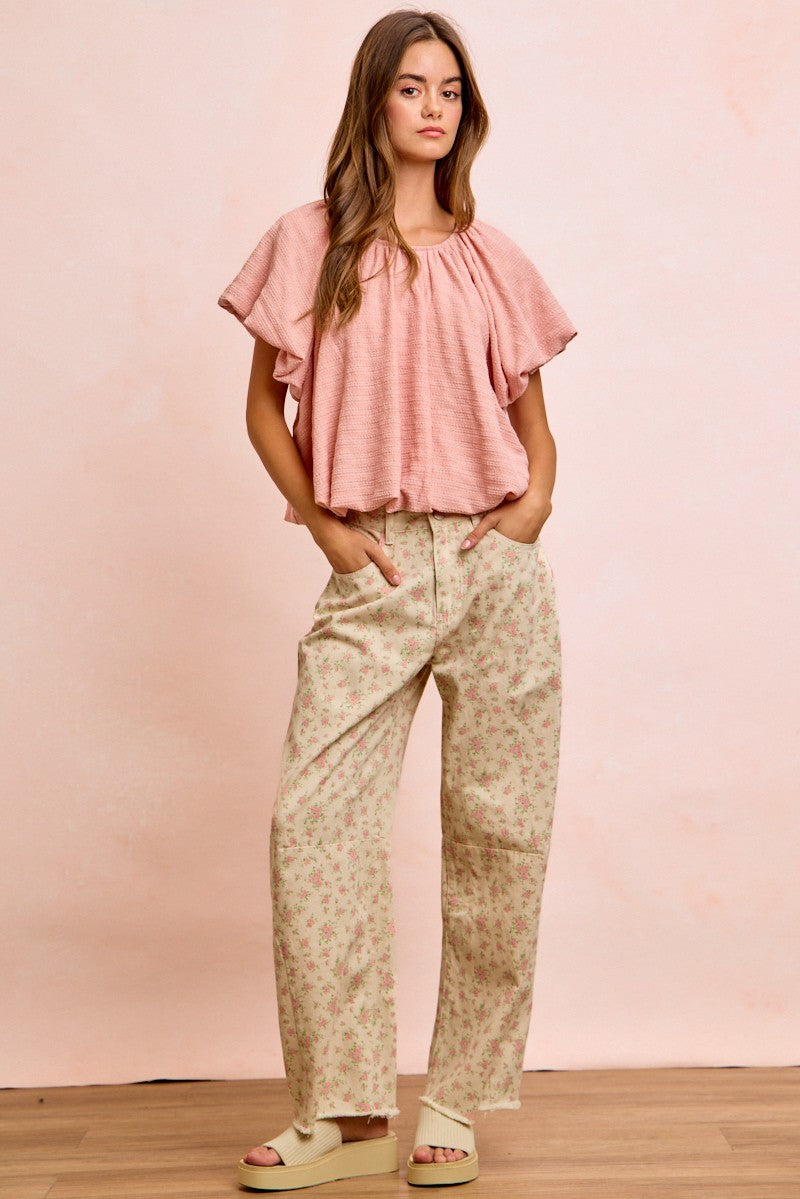 BiBi Stripes Textured Shirred Neckline Bubble Hem Top in soft pink