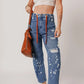 Distressed Splattering Paint Rope Waist Cropped Straight Jeans - DAVERRI FASHIONS