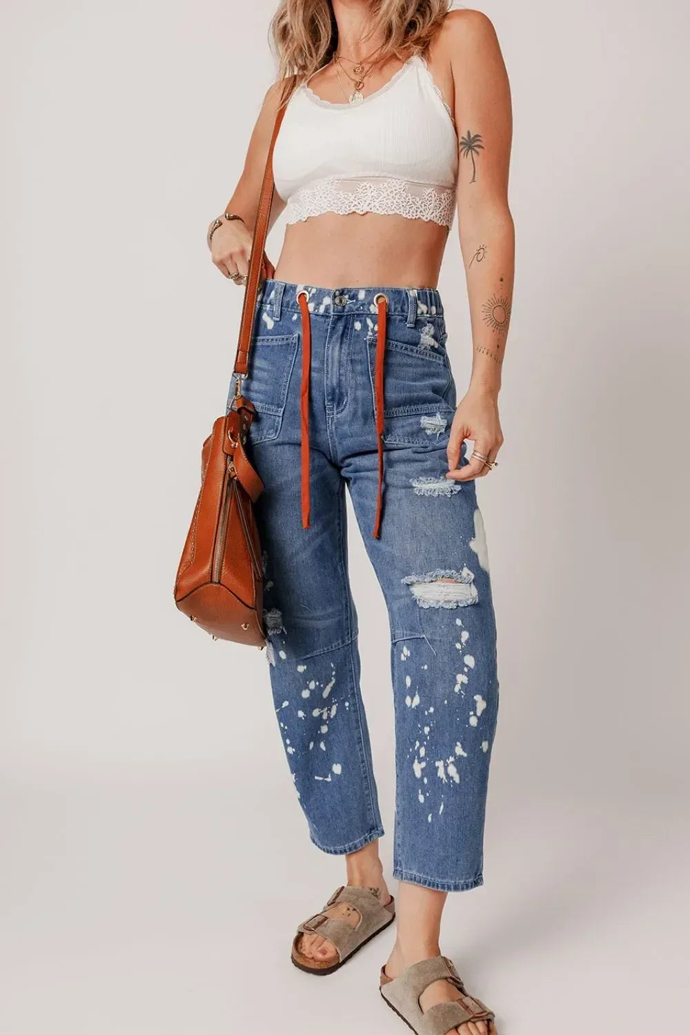 Distressed Splattering Paint Rope Waist Cropped Straight Jeans - DAVERRI FASHIONS