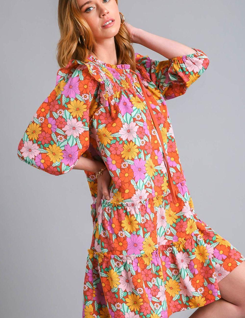 Umgee Full Size Ruffled Flower Print Tie Neck Tiered Dress | Mini Dresses Daverri Fashions
