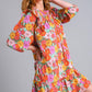 Umgee Full Size Ruffled Flower Print Tie Neck Tiered Dress Mini Dresses