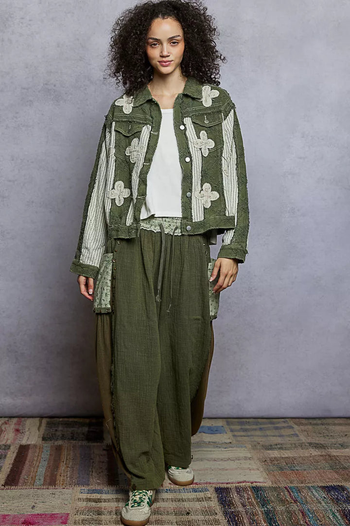 POL Button Down Raw Hem Jacket with Floral Patch | Jackets Daverri Fashions
