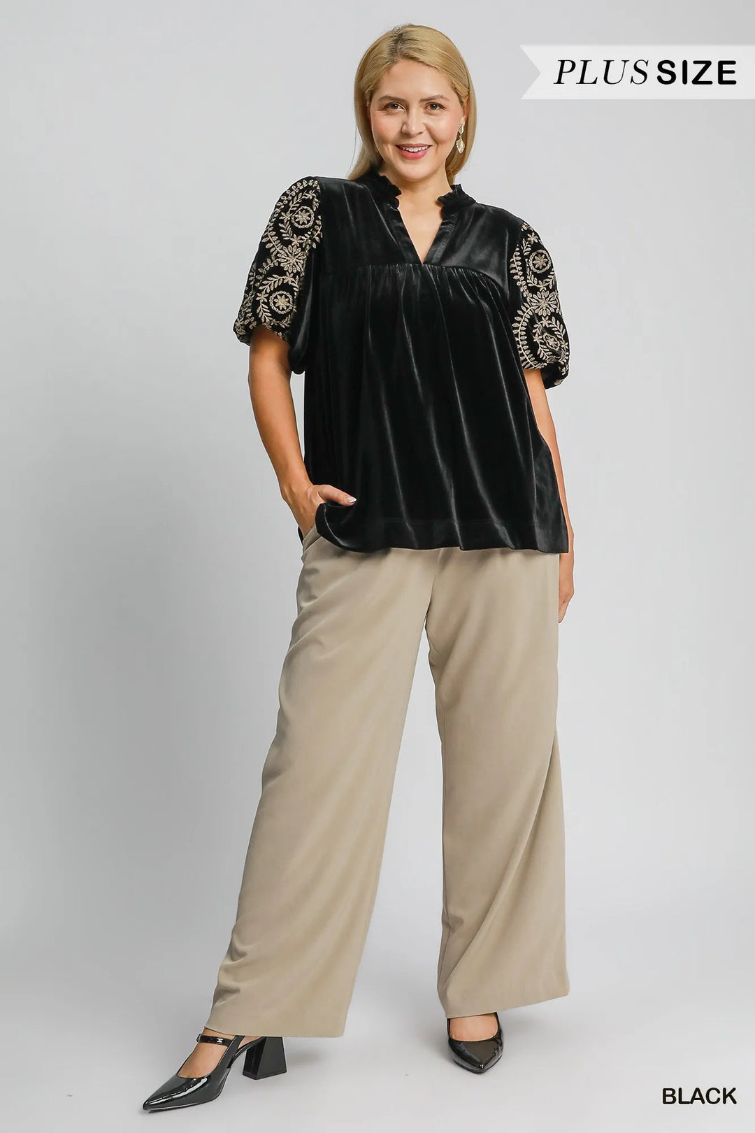 Umgee Full Size Velvet Embroidered Sleeve Blouse Blouses