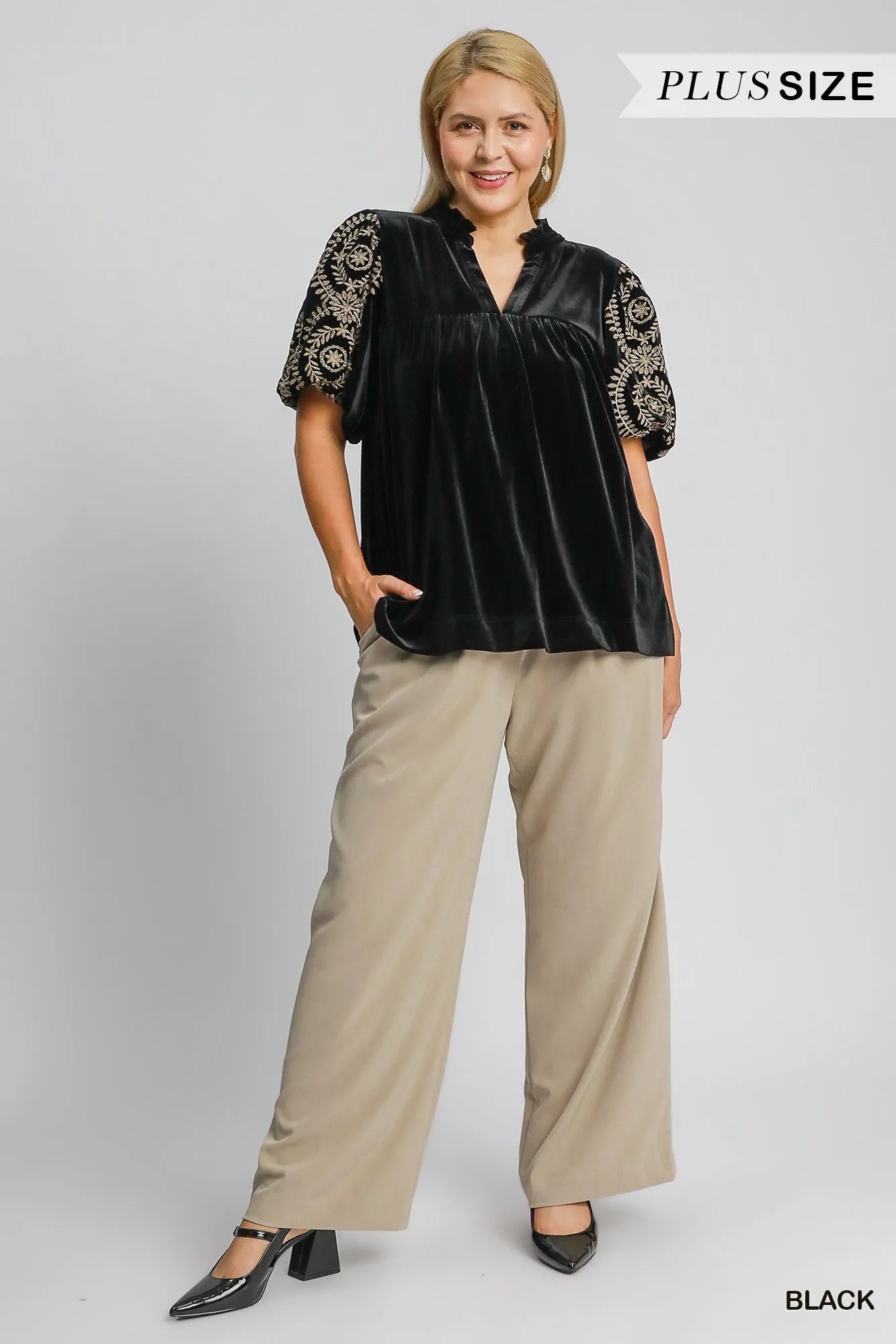 Umgee Full Size Velvet Embroidered Sleeve Blouse Blouses