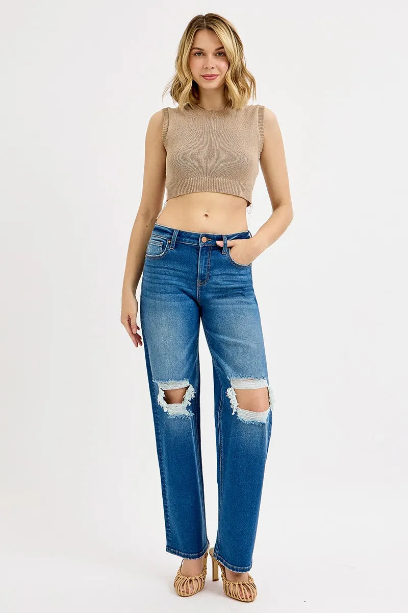 RISEN Full Size Mid Waist Fit Boyfriend Knee Distressed Jeans Jeans