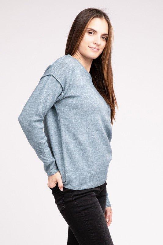 Zenana Hi-Low Hem Round Neck Sweater Sweaters