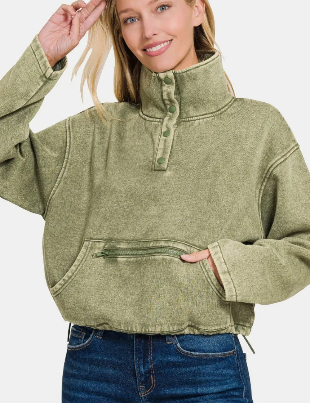 LT Olive S Zenana Acid Wash Fleece Half Snap Sweatshirt with Pocket Lt Olive | Daverri Fashions