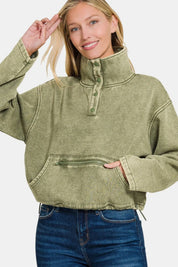 LT Olive S Zenana Acid Wash Fleece Half Snap Sweatshirt with Pocket Lt Olive | Daverri Fashions