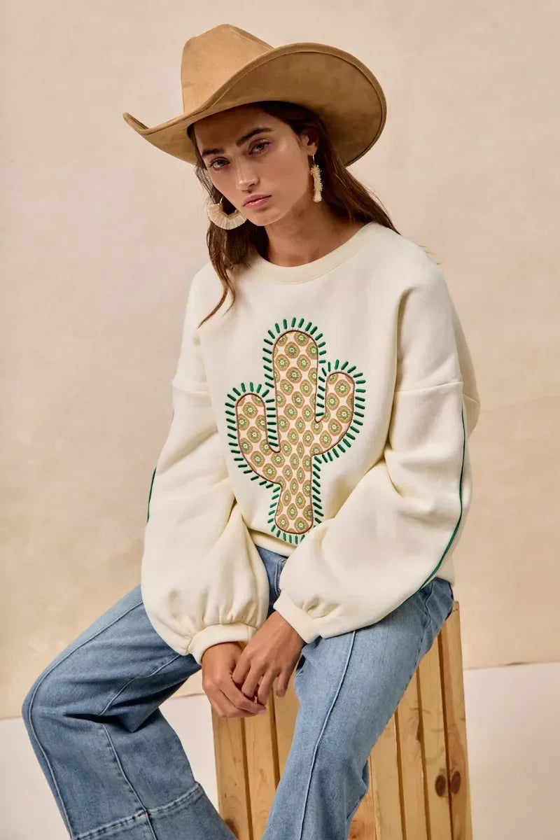 BiBi Cactus Embroidered Fleece Sweatshirt - DAVERRI FASHIONS