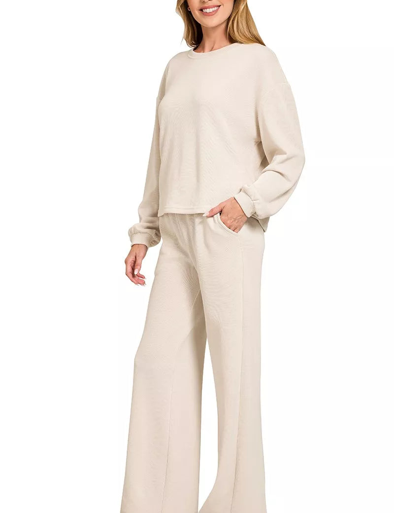 SAND BEIGE Zenana French Rib Pullover and Pants Set | Daverri Fashions