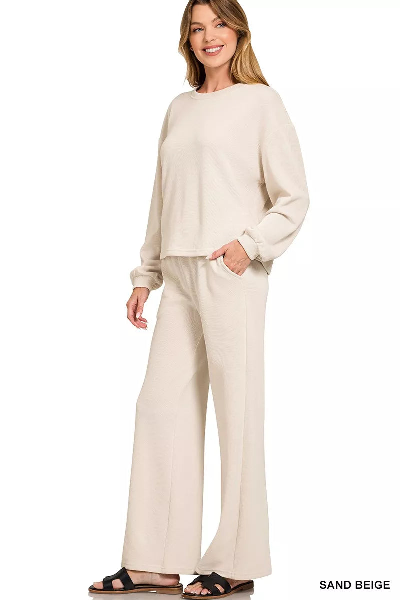 SAND BEIGE Zenana French Rib Pullover and Pants Set | Daverri Fashions
