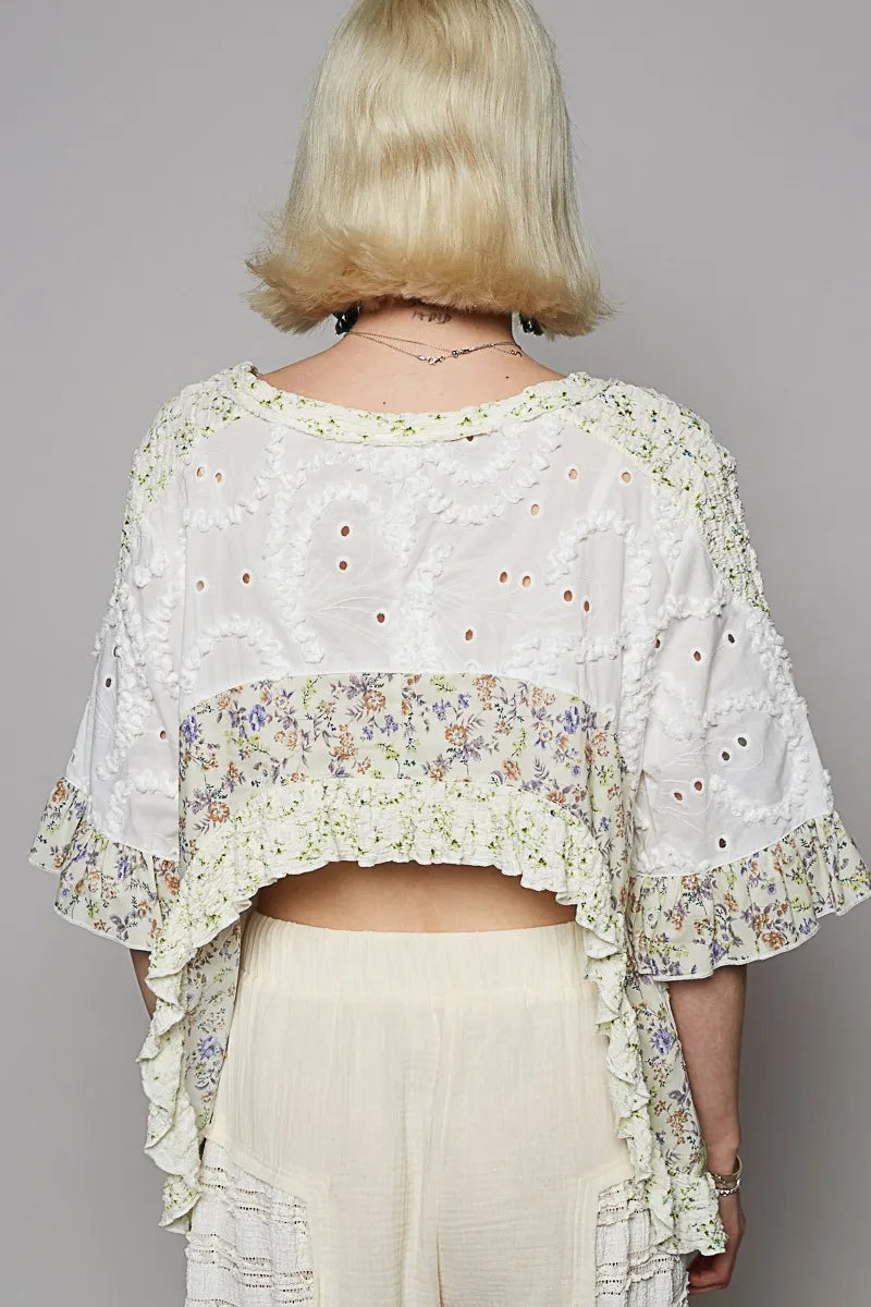 POL Floral Print Eyelet Ruffled Hem Blouse Blouses