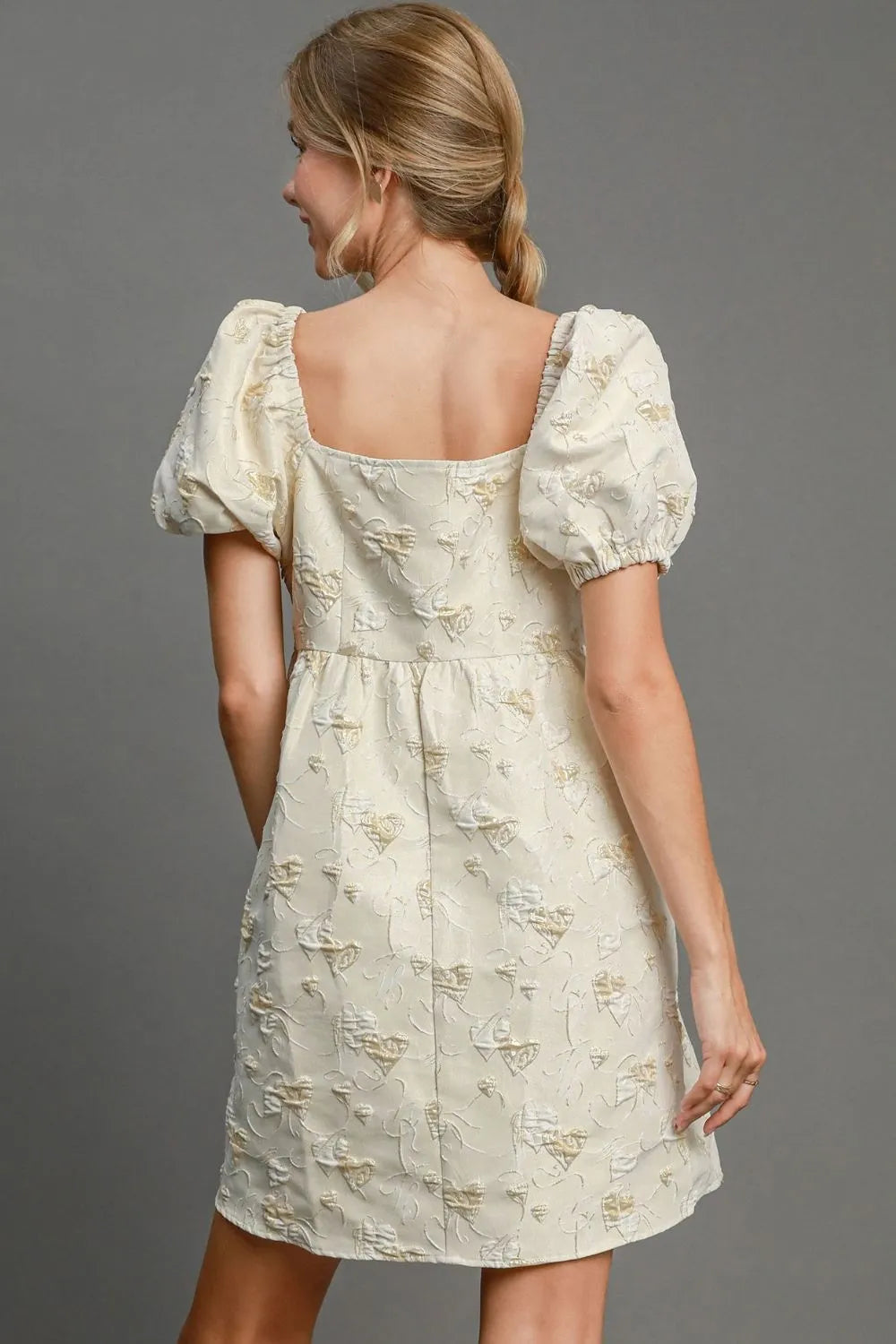 Umgee Heart Jacquard Square Neck Puff Sleeve Mini Dress Cream | Mini Dresses Daverri Fashions